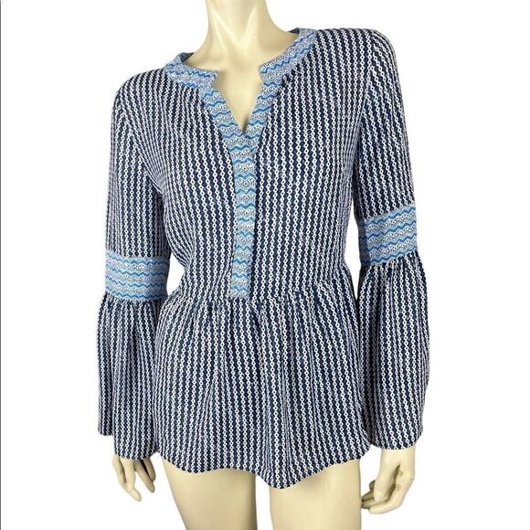 NWT Adorable Blue/Black/White Blouse with Bell Sleeves from DuJour Size Small - Picture 1 of 11